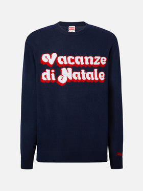 Blue crewneck Heron with Vacanze di Natale logo jacquard | VACANZE DI NATALE SPECIAL EDITION