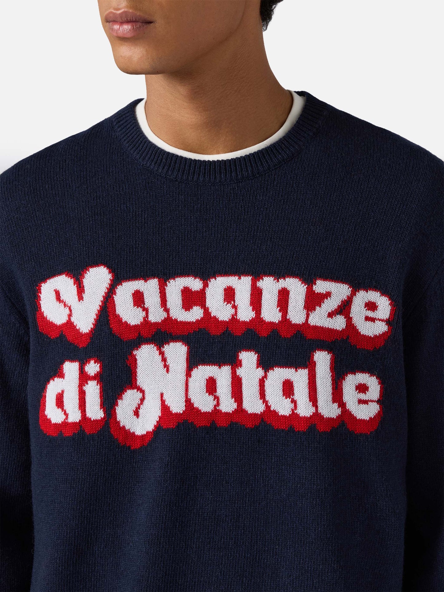 Blue crewneck Heron with Vacanze di Natale logo jacquard | VACANZE DI NATALE SPECIAL EDITION