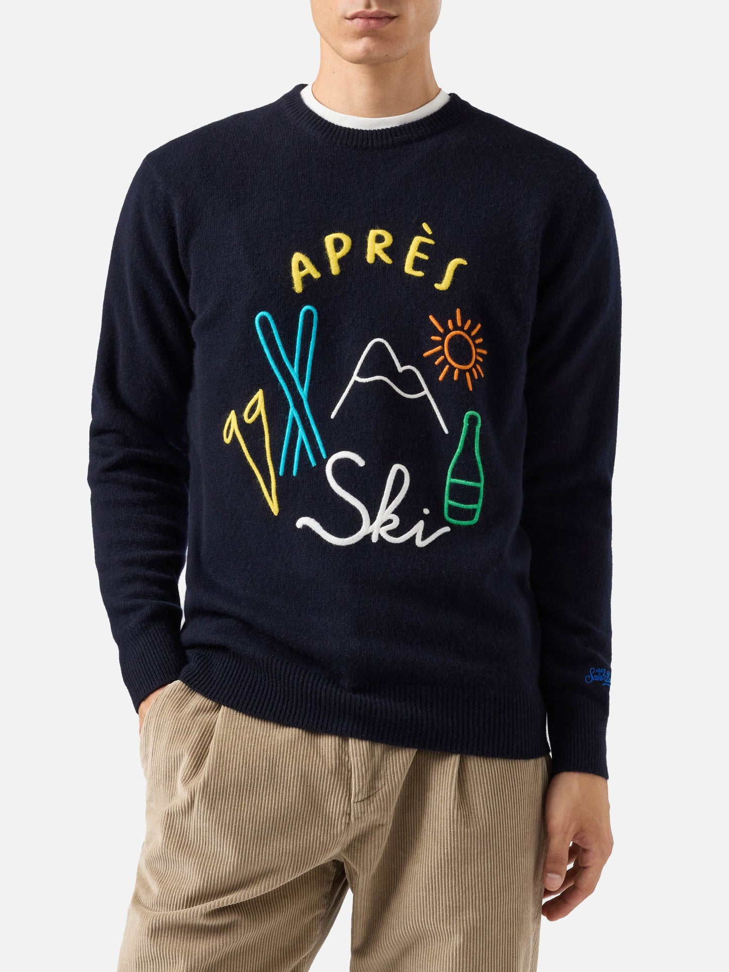 Blauer Pullover mit Reihermotiv und Après-Ski-Stickerei
