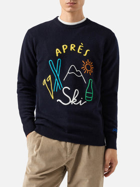 Blauer Pullover mit Reihermotiv und Après-Ski-Stickerei