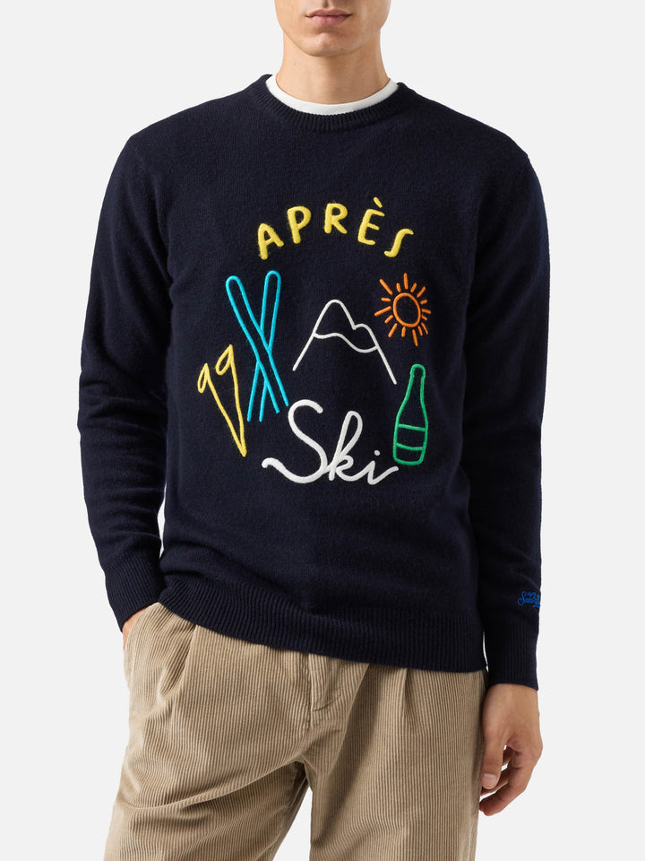Blauer Pullover mit Reihermotiv und Après-Ski-Stickerei