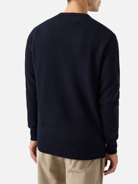 Blauer Pullover mit Reihermotiv und Après-Ski-Stickerei