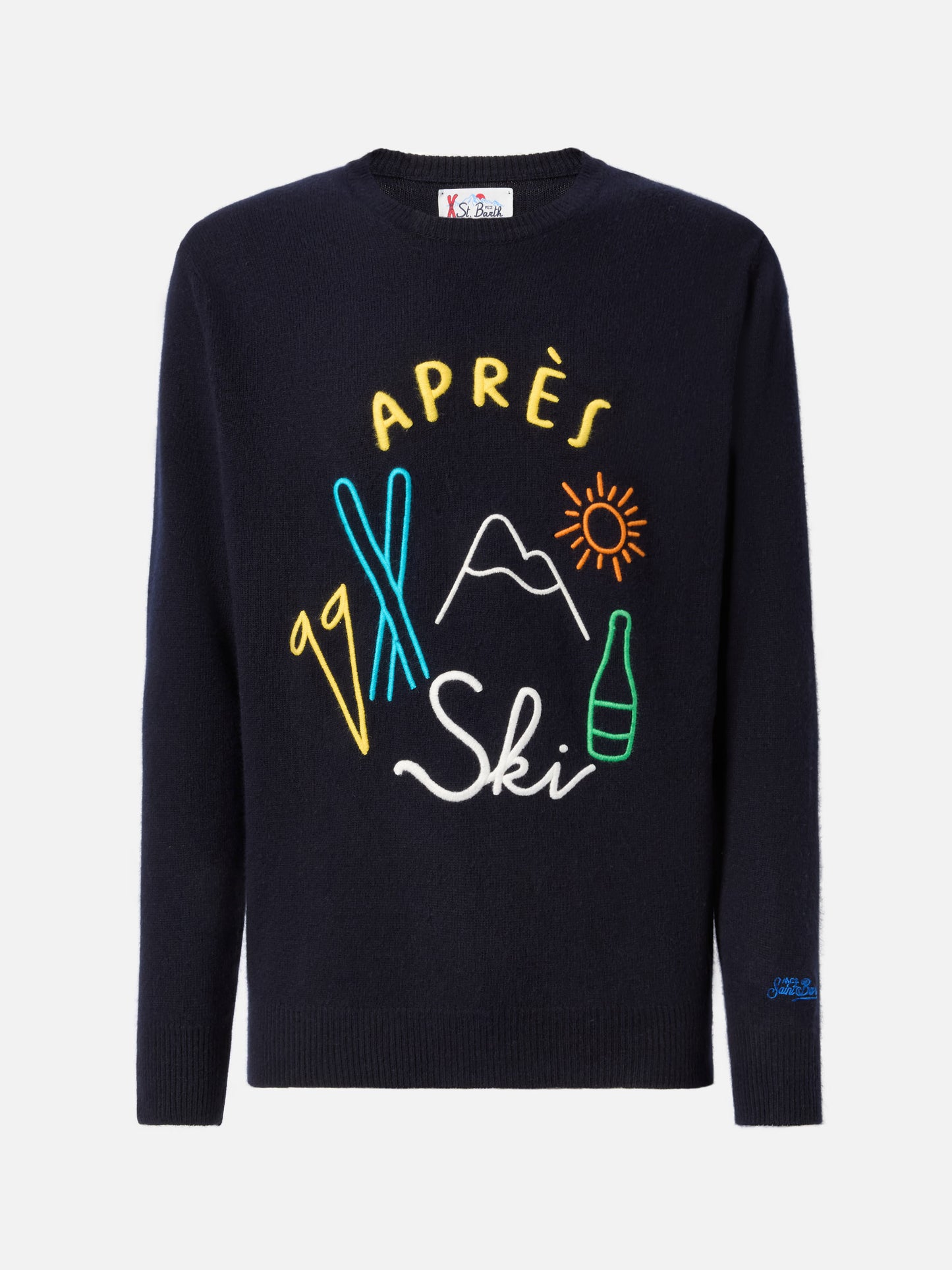 Blauer Pullover mit Reihermotiv und Après-Ski-Stickerei