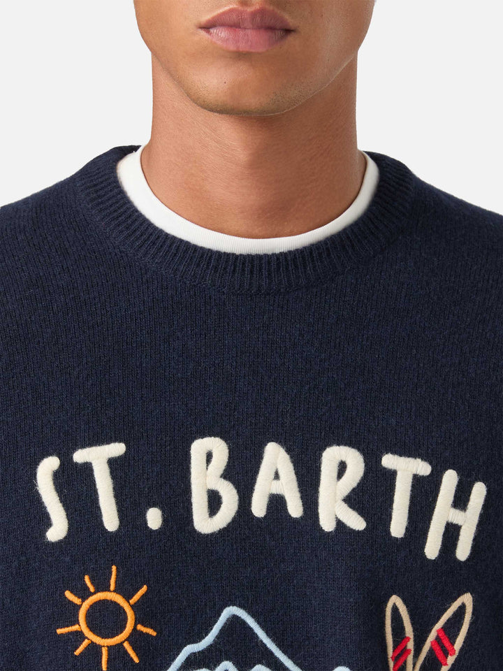Navy blue Heron crewneck knit with Après Ski intarsia and embroidery