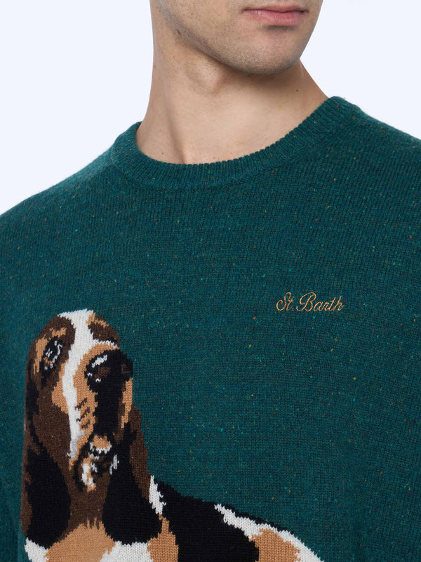 Maglione da uomo verde Airone con stampa basset hound