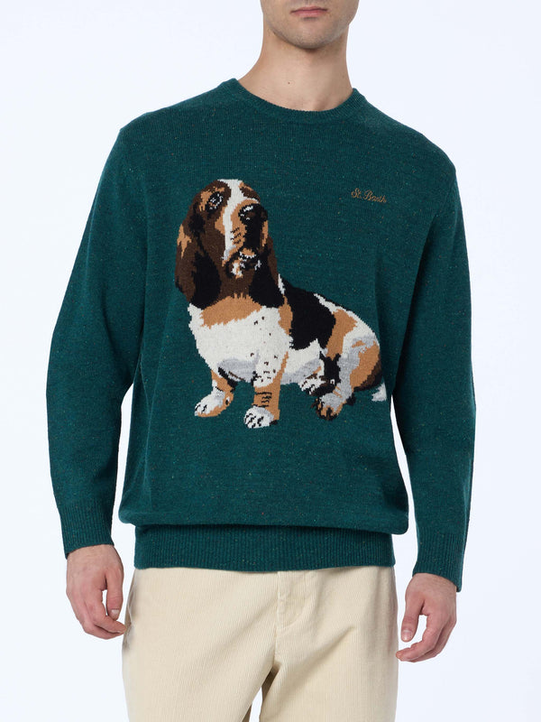 Maglione da uomo verde Airone con stampa basset hound