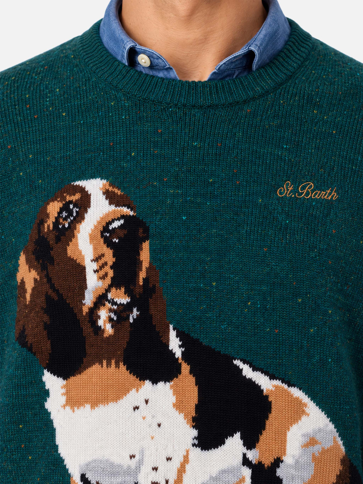 Maglione Heron verde scuro in misto lana donegal con jacquard basset hound