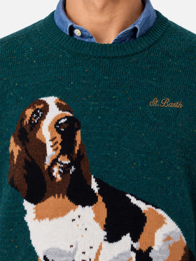 Maglione Heron verde scuro in misto lana donegal con jacquard basset hound