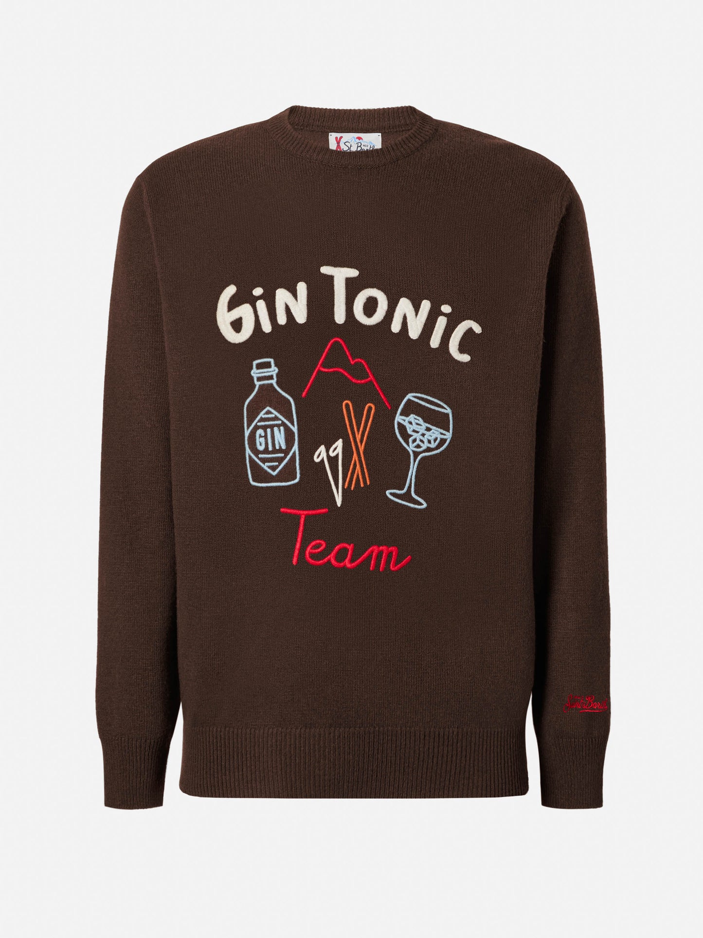 Brauner Heron-Pullover mit Rundhalsausschnitt und Gin-Tonic-Team-Stickerei