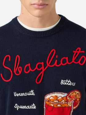 Blauer Pullover mit Reihermotiv und Sbagliato-Stickerei