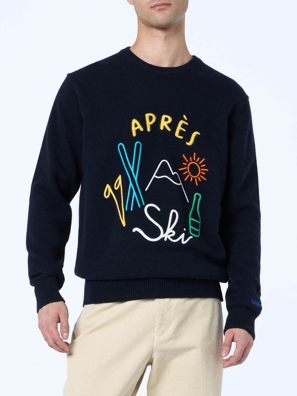 Man blue sweater Heron with Apres ski embroidery