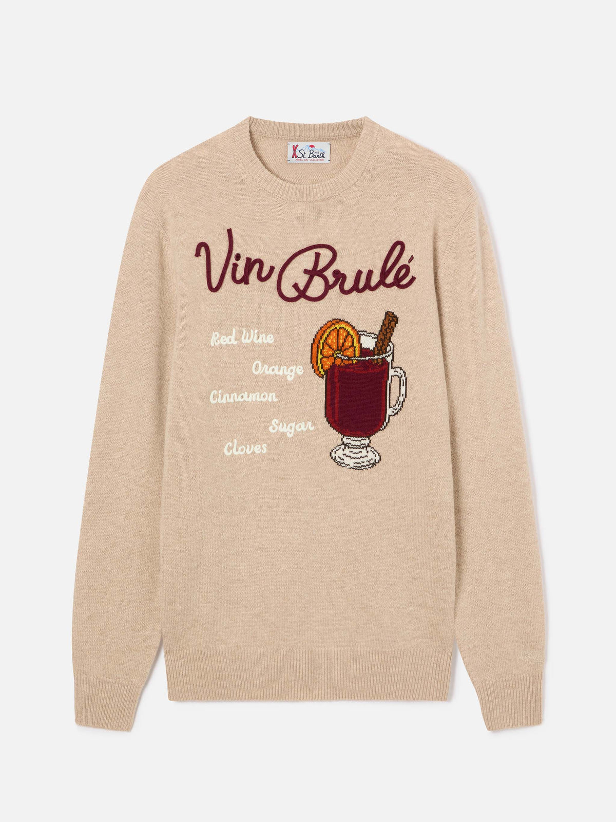 Pull ras-du-cou Beige Heron en maille avec intarsia et broderie Vin Brulé 