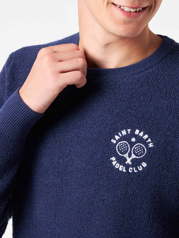 Bluette-Bouclé-Pullover für Herren mit Rundhalsausschnitt und Saint Barth Padel Club-Stickerei