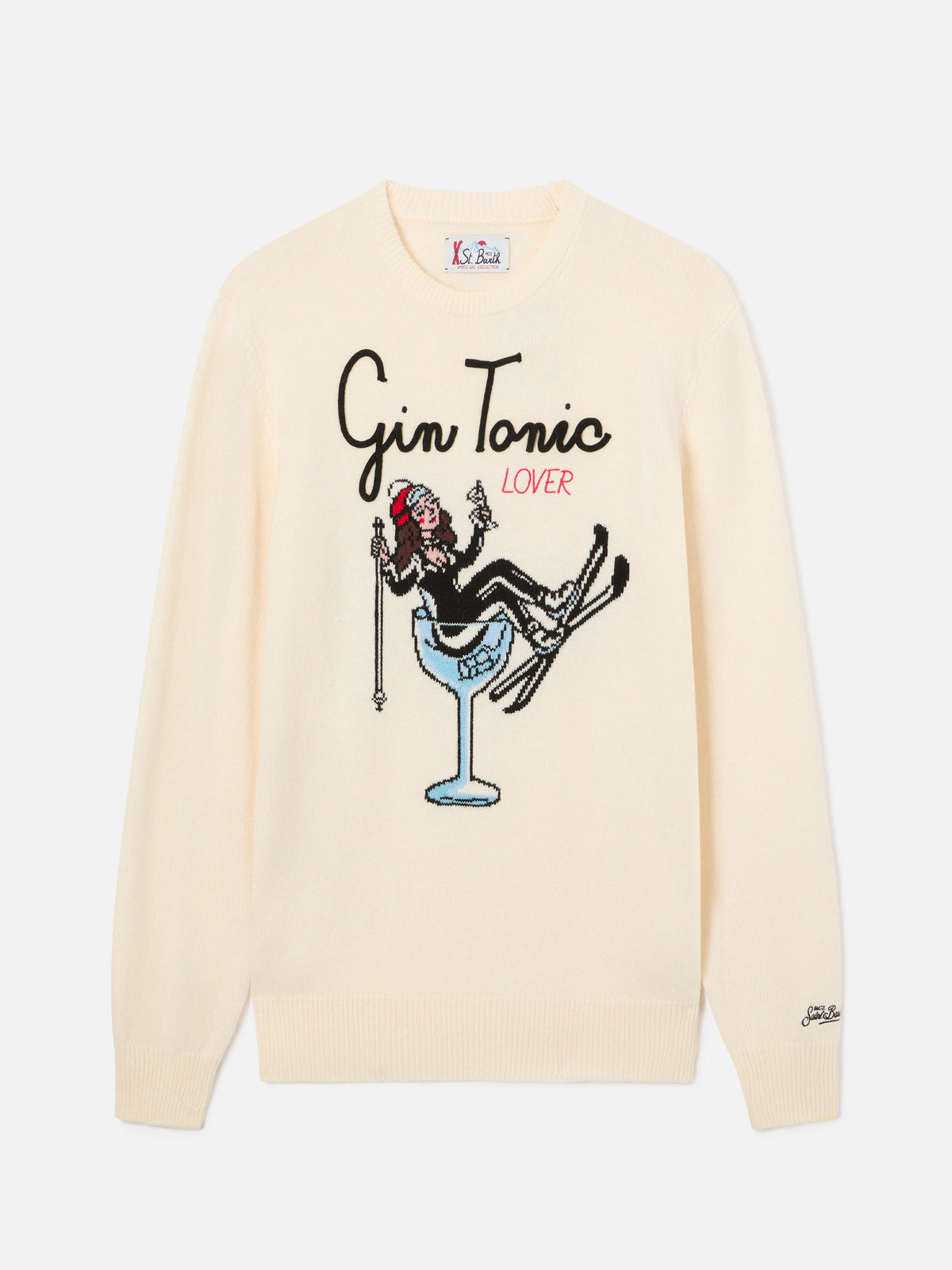 Off white Heron crewneck knit with Gin Tonic intarsia and embroidery