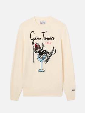 Off white Heron crewneck knit with Gin Tonic intarsia and embroidery