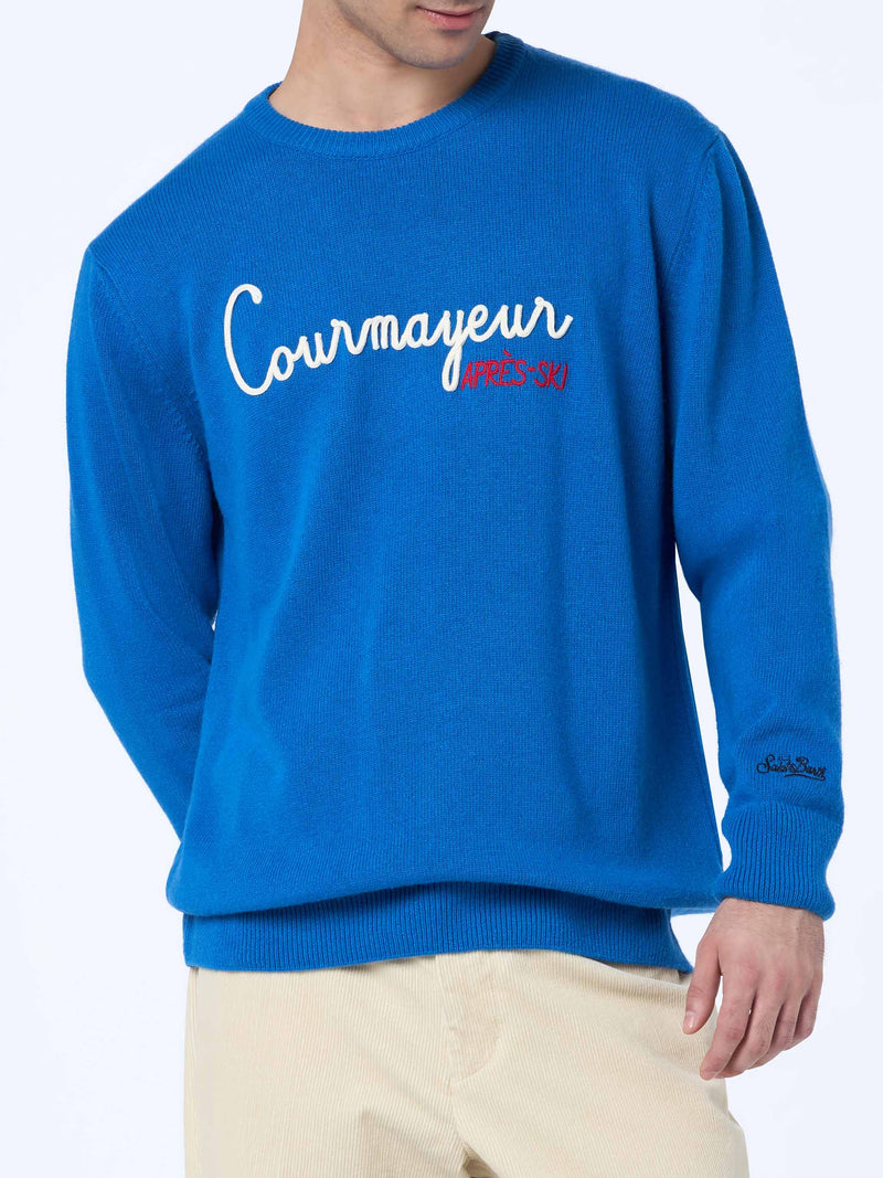 Man ski blue sweater Heron with Courma Apres ski embroidery