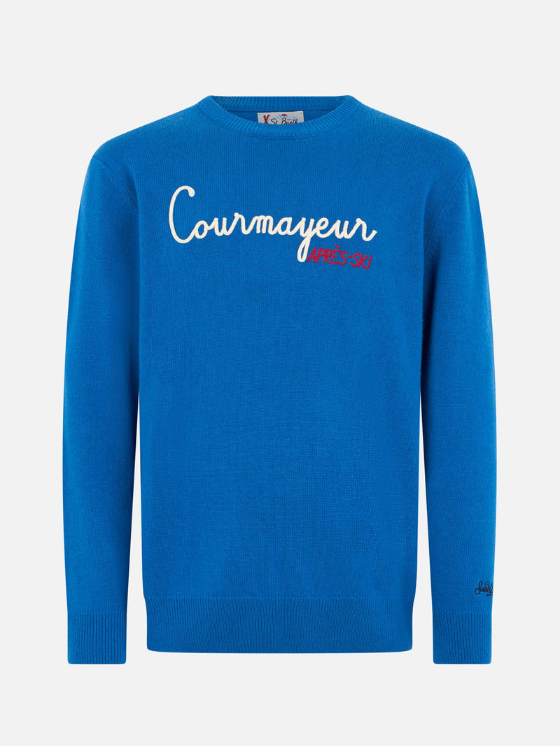 Man ski blue sweater Heron with Courma Apres ski embroidery