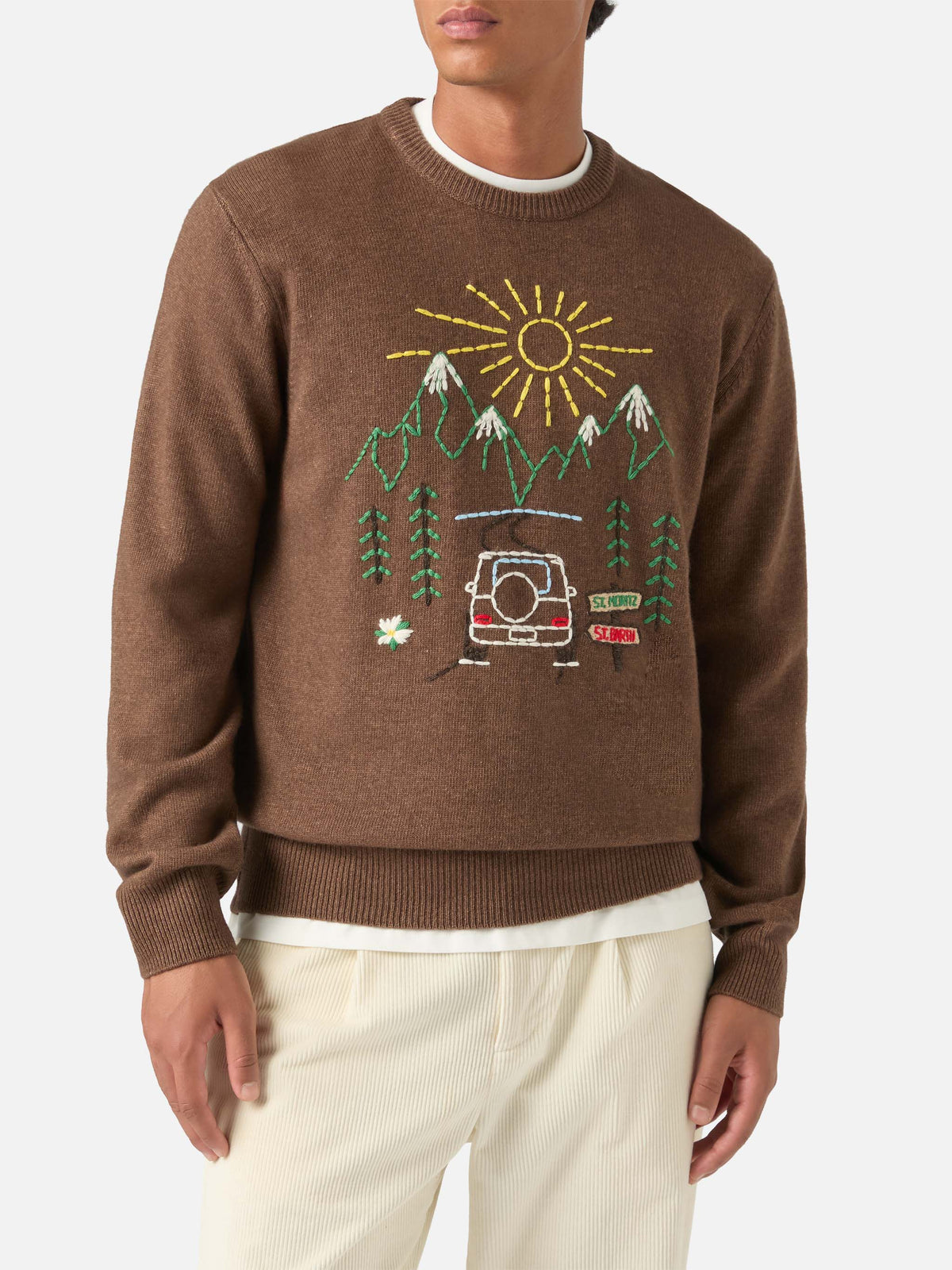 Brown Heron crewneck knit with St. Moritz embroidery