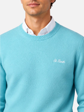 Maglia girocollo Heron verde acqua in lana d’agnello con ricamo logo