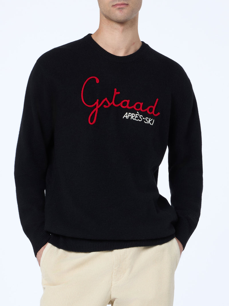 Man black sweater Heron with Gstaad Apres ski embroidery