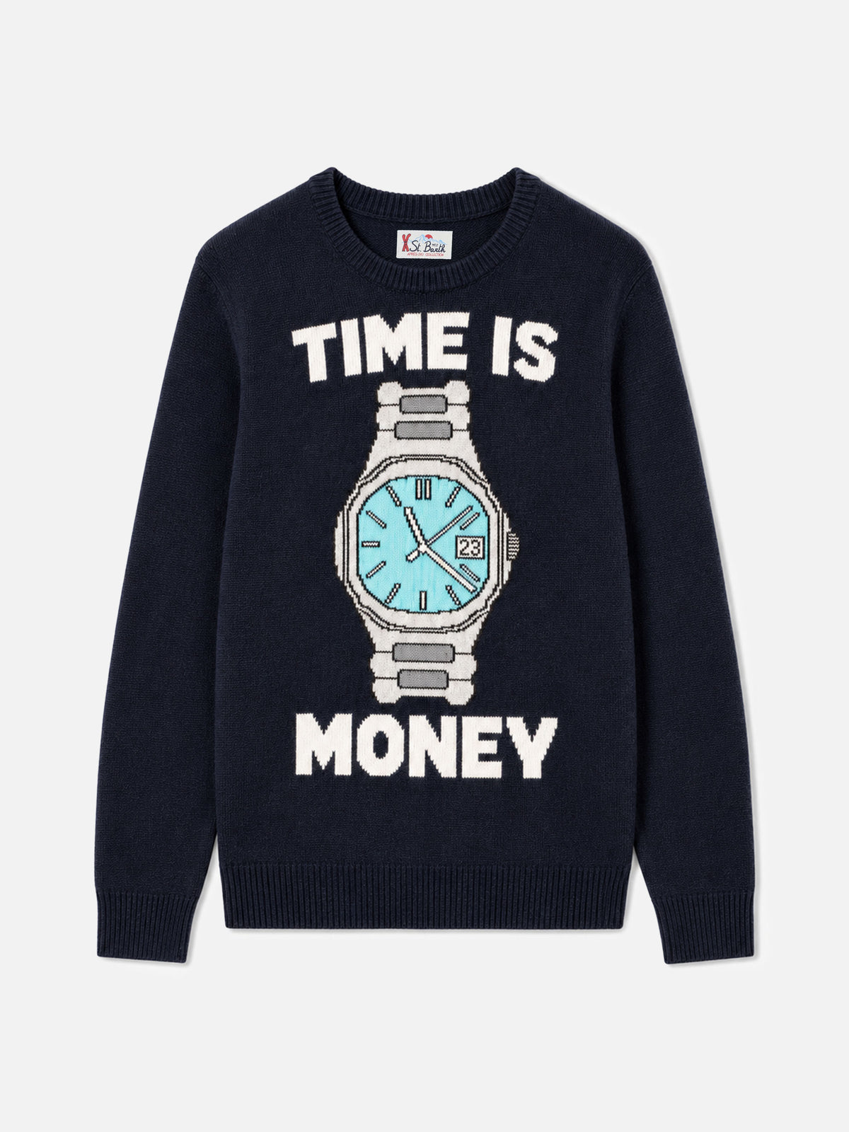 Navy blue Heron crewneck sweater with Time is money lettering