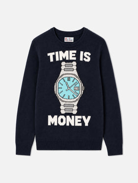 Navy blue Heron crewneck sweater with Time is money lettering