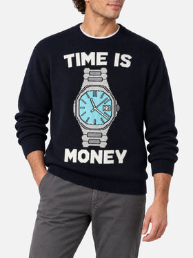Navy blue Heron crewneck sweater with Time is money lettering