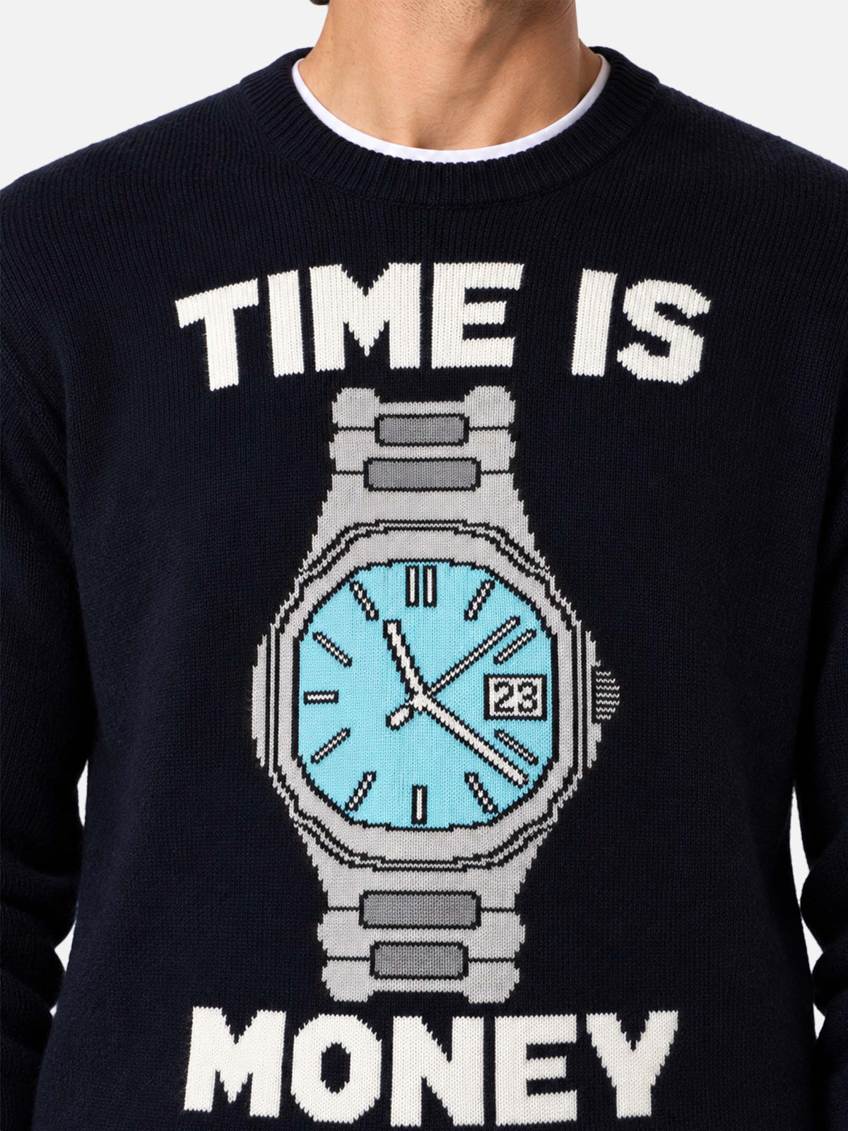 Navy blue Heron crewneck sweater with Time is money lettering