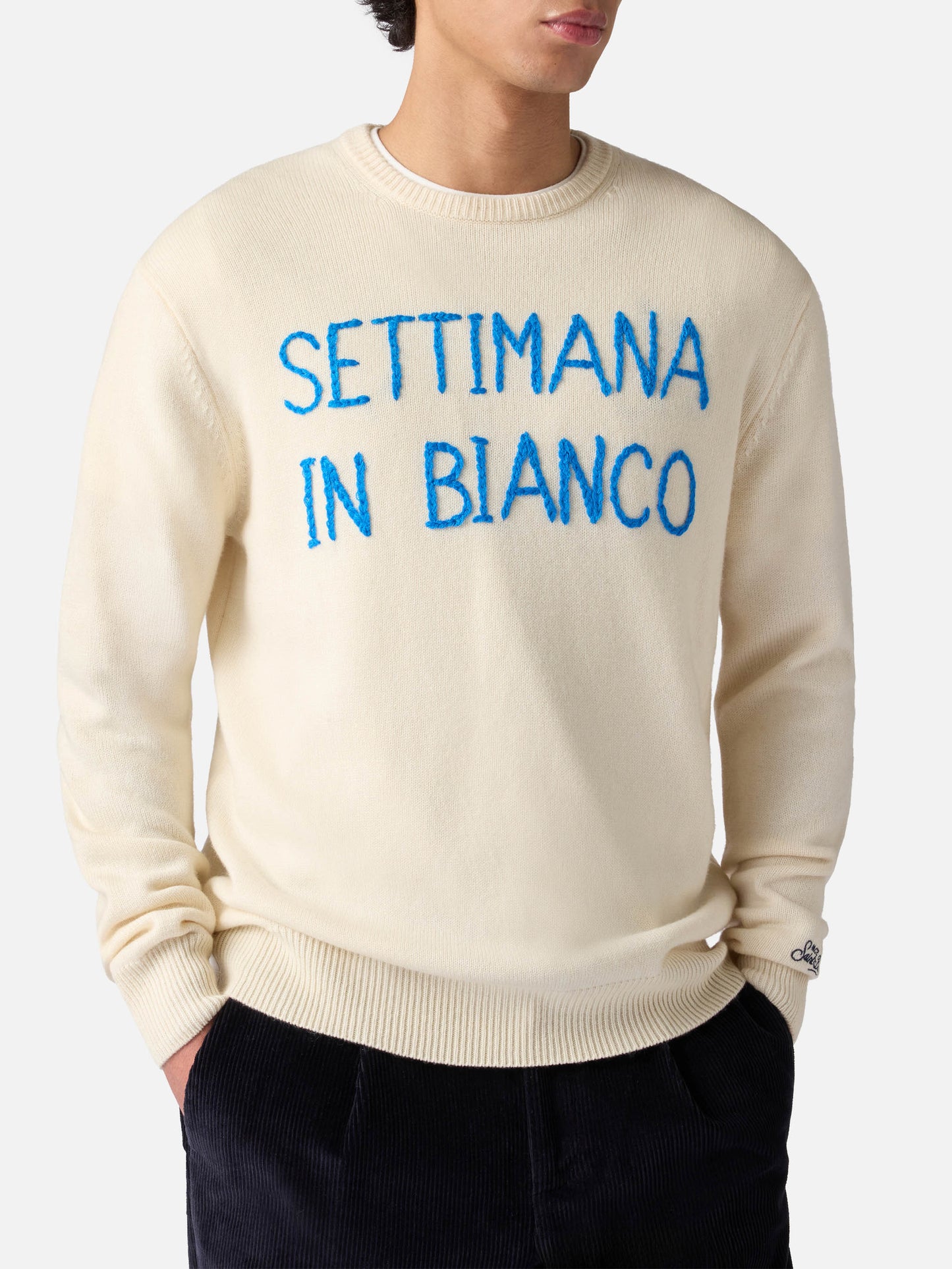 Weißer Herrenpullover mit Settimana in Bianco-Stickerei