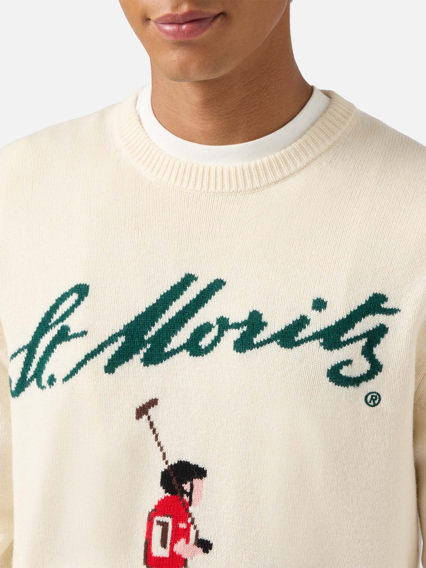 Girocollo Heron bianco con jacquard St. Moritz Polo