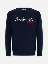 Man blue sweater Heron with St. Barth apres ski embroidery