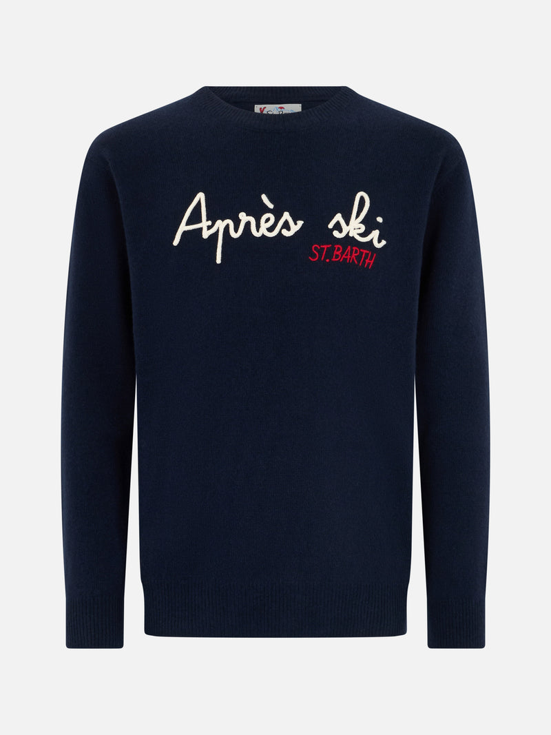 Man blue sweater Heron with St. Barth apres ski embroidery