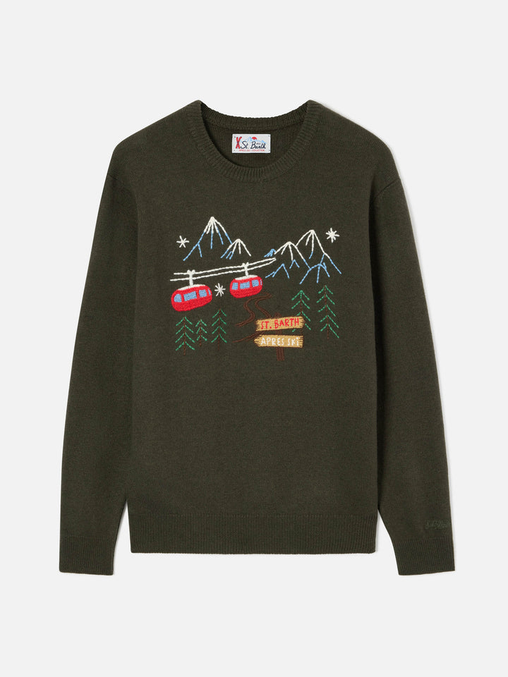 Military green Heron crewneck knit with mountain embroidery