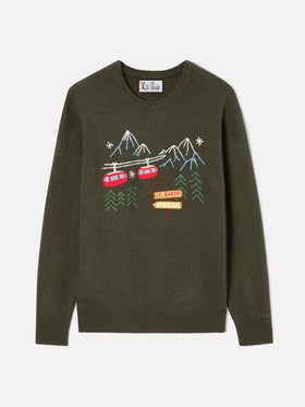 Pull col rond Heron vert militaire avec broderie montagne 