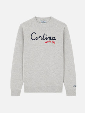 Light grey melange Heron crewneck sweater with Cortina Après Ski embroidery