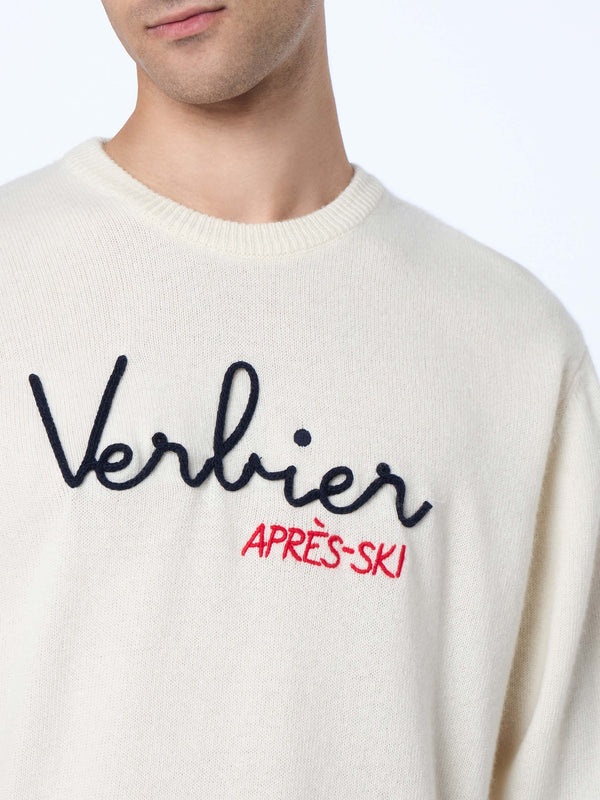 Man white sweater Heron with Verbier apres ski embroidery