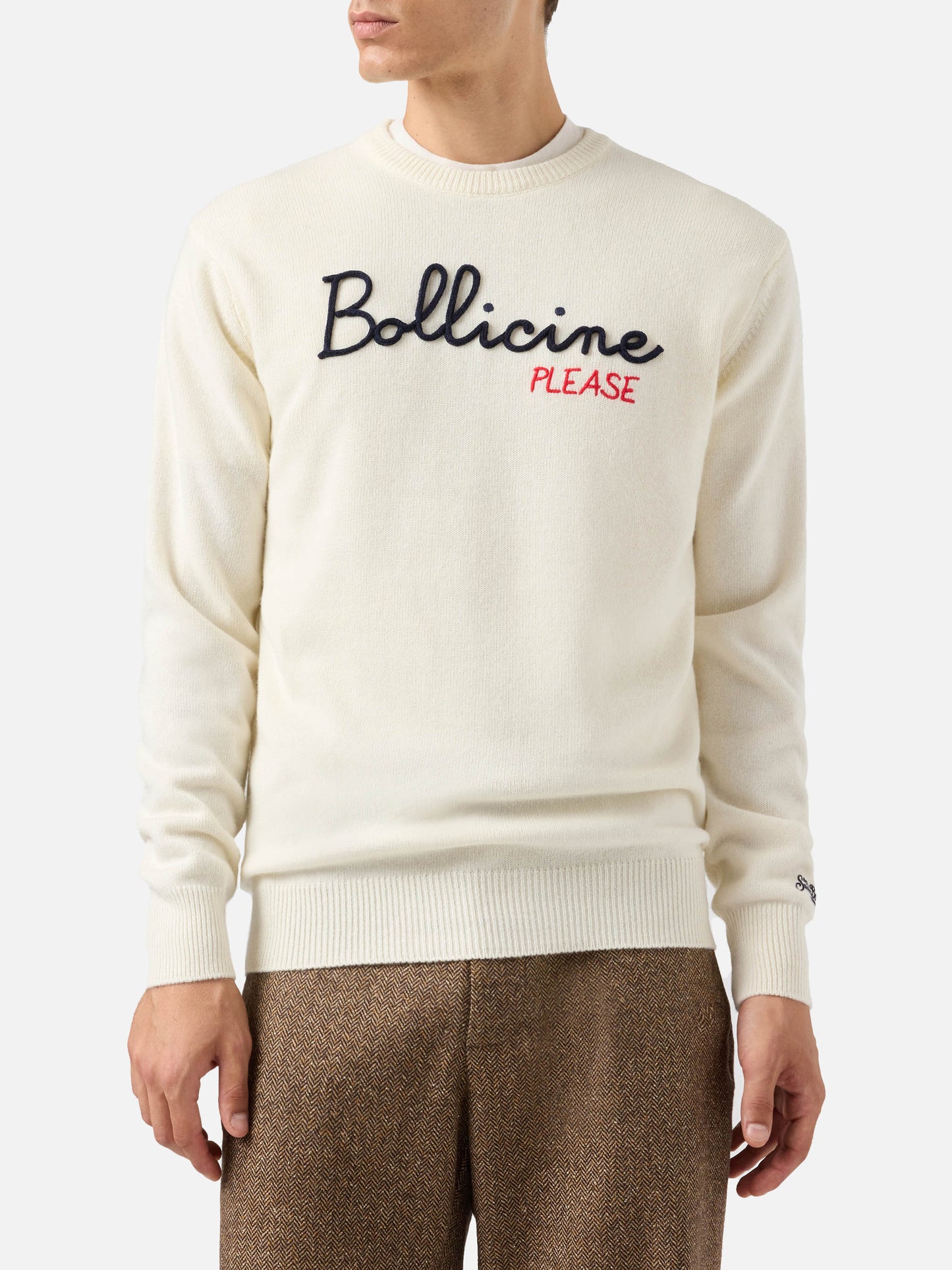 Weißer Pullover mit Reiher- und Bollicine-Stickerei