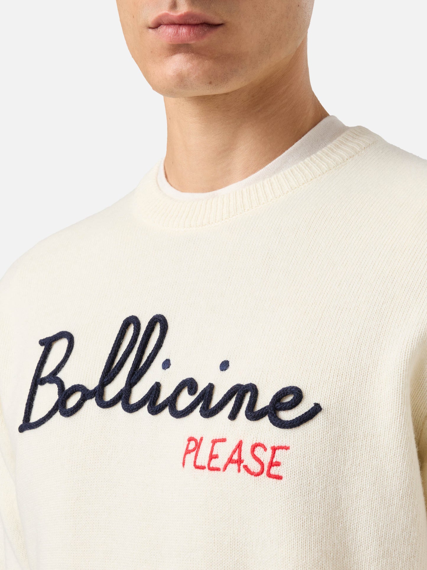Weißer Pullover mit Reiher- und Bollicine-Stickerei