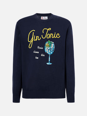 Blauer Pullover mit Reihermotiv und Gin-Tonic-Stickerei