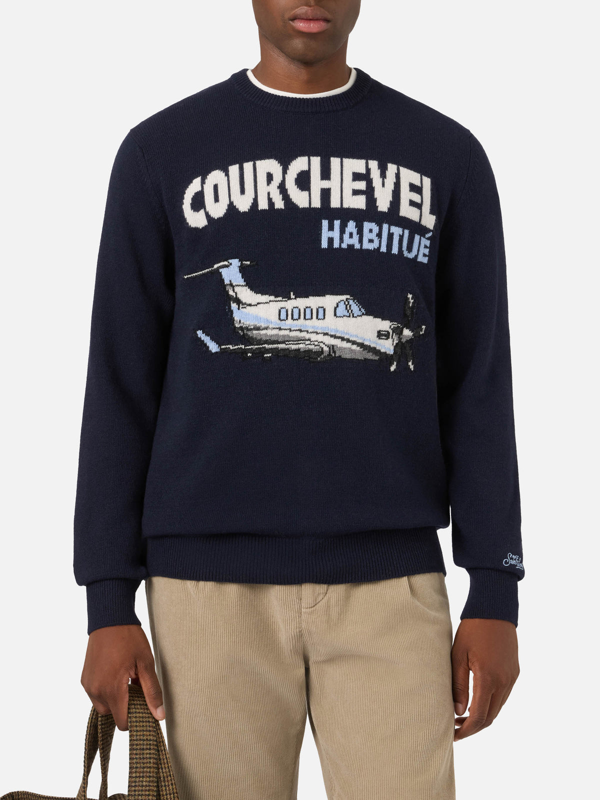 Pull en maille col rond Heron Navy blue avec intarsia Courchevel Habitué 