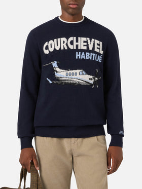 Pull en maille col rond Heron Navy blue avec intarsia Courchevel Habitué 