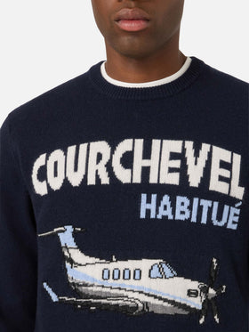 Pull en maille col rond Heron Navy blue avec intarsia Courchevel Habitué 