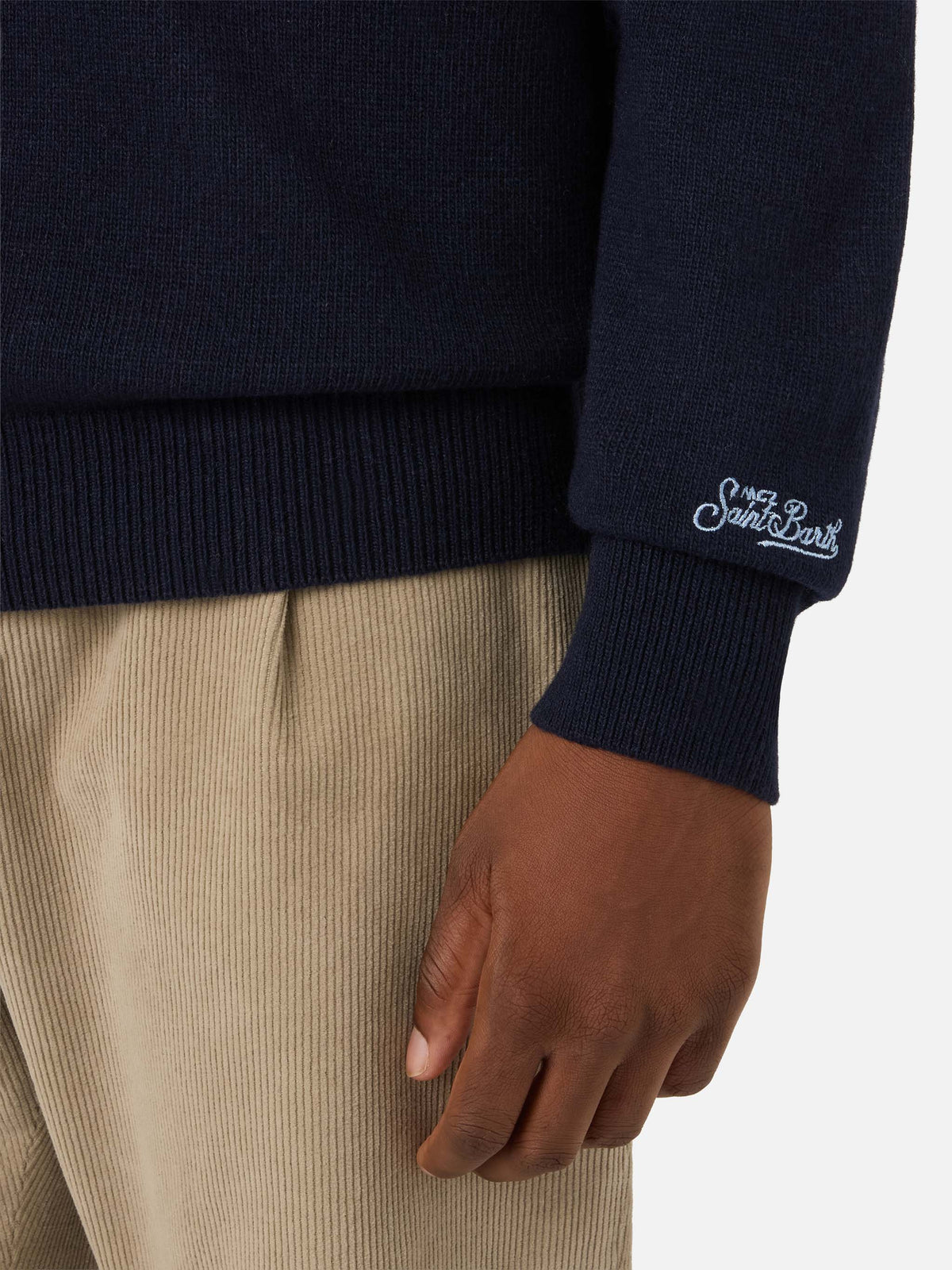 Pull en maille col rond Heron Navy blue avec intarsia Courchevel Habitué 