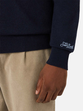 Pull en maille col rond Heron Navy blue avec intarsia Courchevel Habitué 