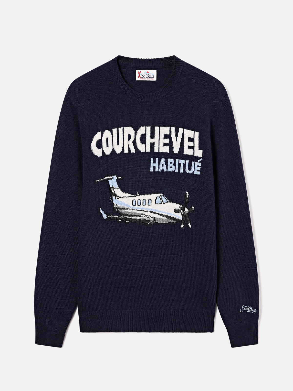 Pull en maille col rond Heron Navy blue avec intarsia Courchevel Habitué 
