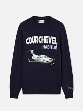 Pull en maille col rond Heron Navy blue avec intarsia Courchevel Habitué 