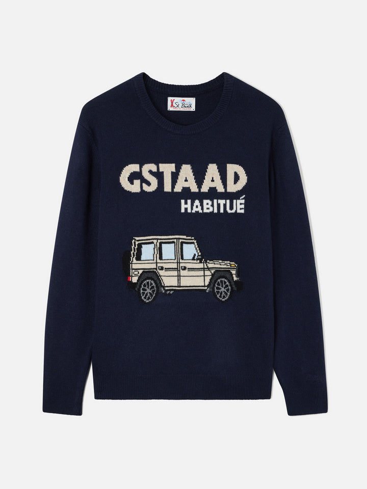 Navy blue Heron crewneck knit with Gstaad Habitué intarsia