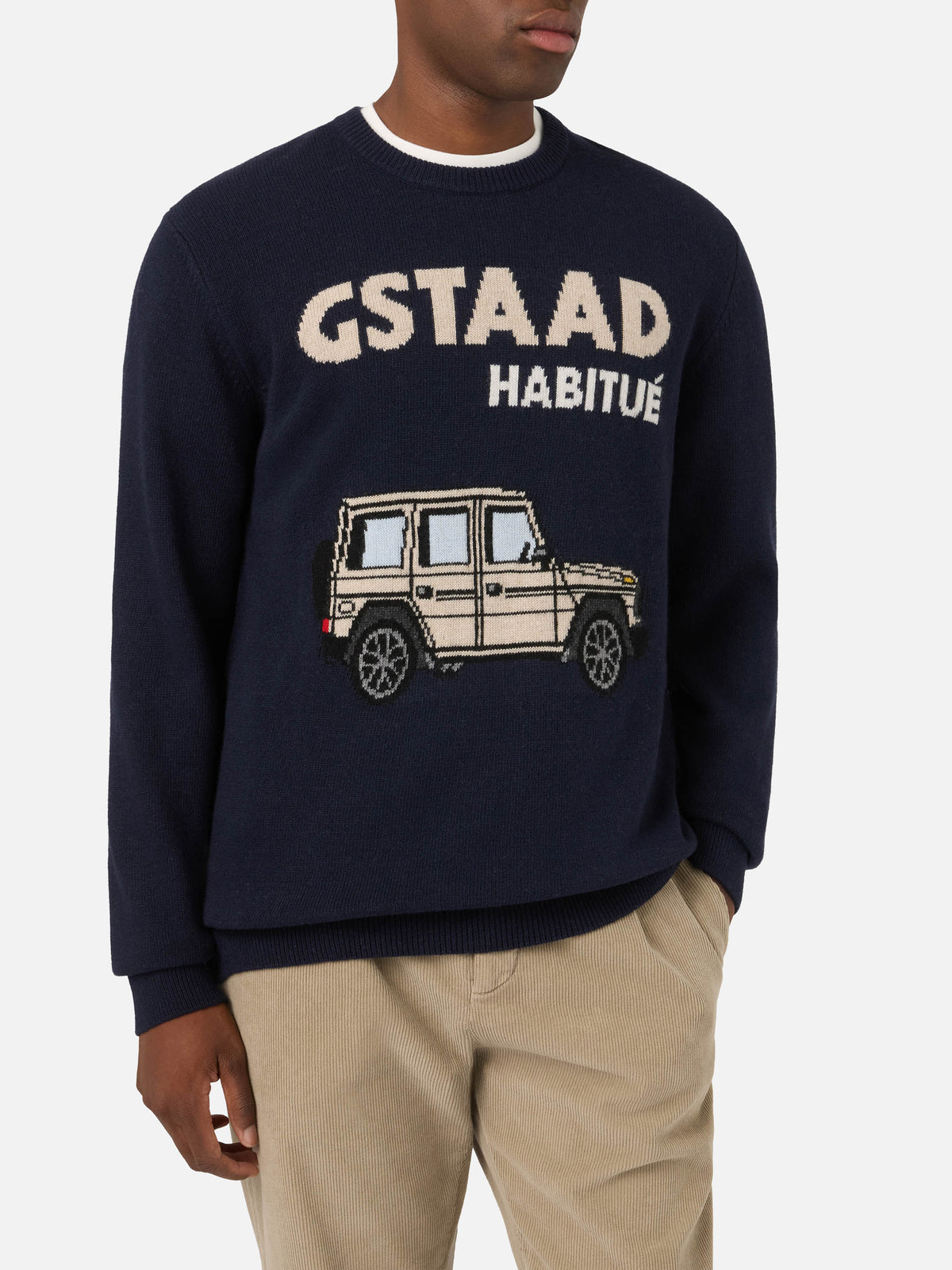 Jersey de punto con cuello redondo Heron Navy blue con intarsia Gstaad Habitué 