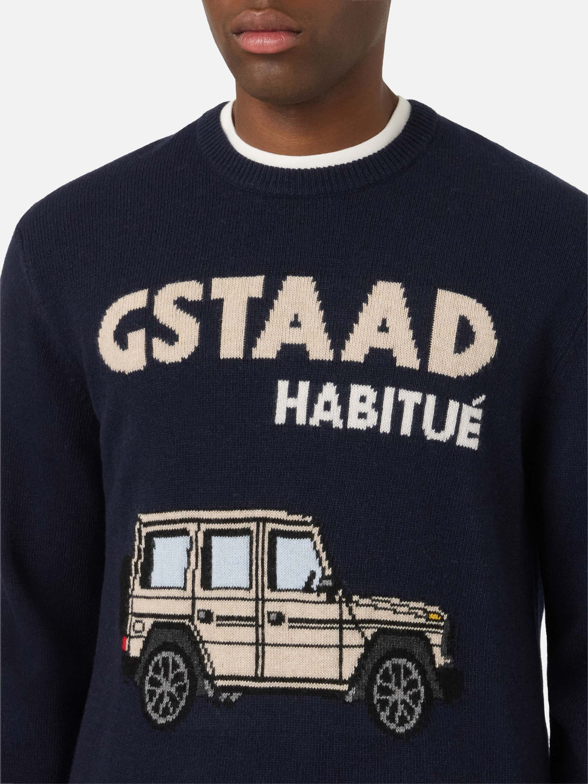 Jersey de punto con cuello redondo Heron Navy blue con intarsia Gstaad Habitué 