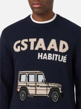Jersey de punto con cuello redondo Heron Navy blue con intarsia Gstaad Habitué 